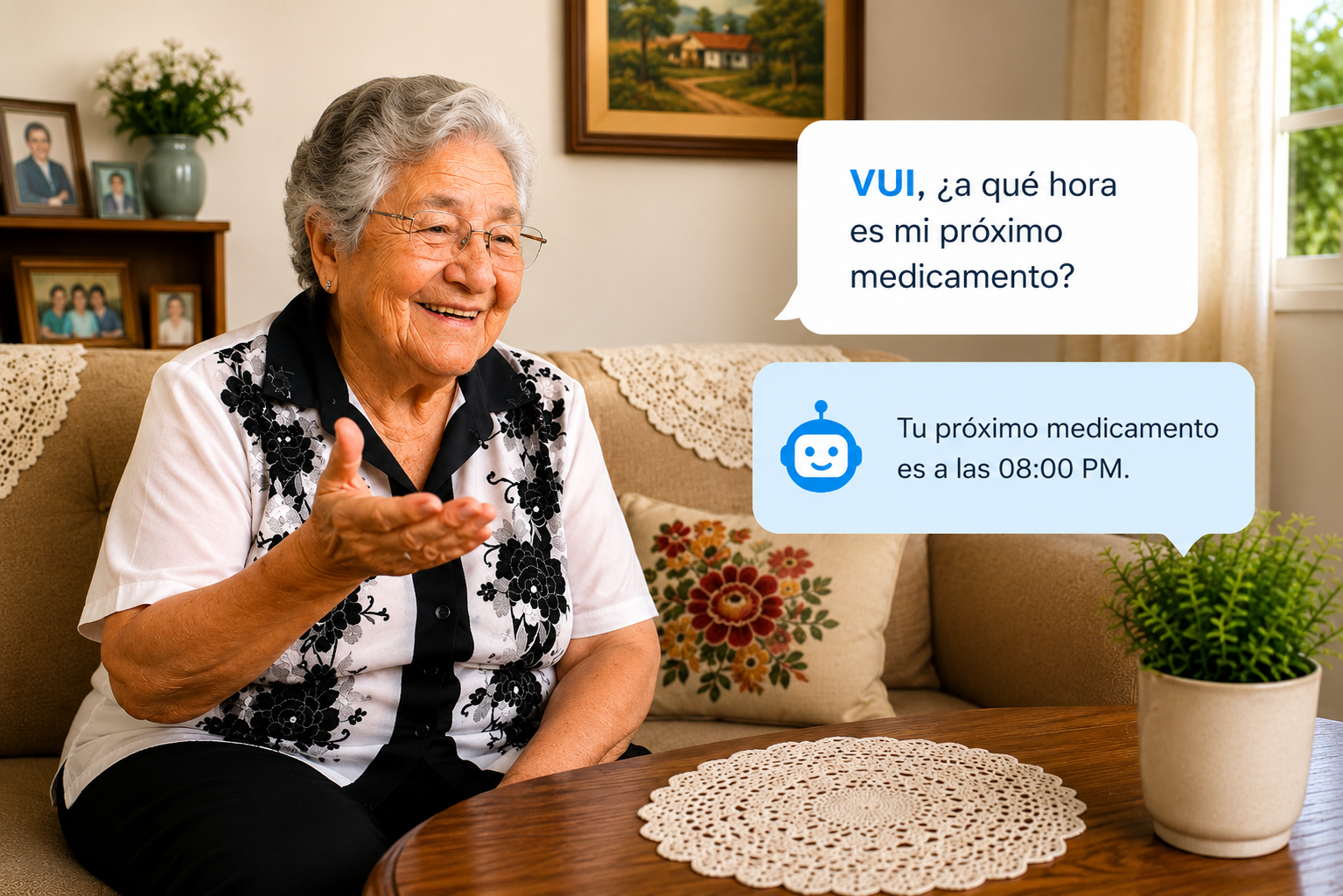 Adulta mayor conversando con VUI, que le recuerda la hora de su próximo medicamento